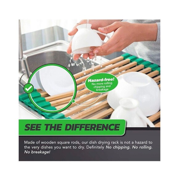 Bamboo Roll Up Dish Drying Rack - Scratch-Free, Environment-Friendly Square Rods - Picture 2 of 5